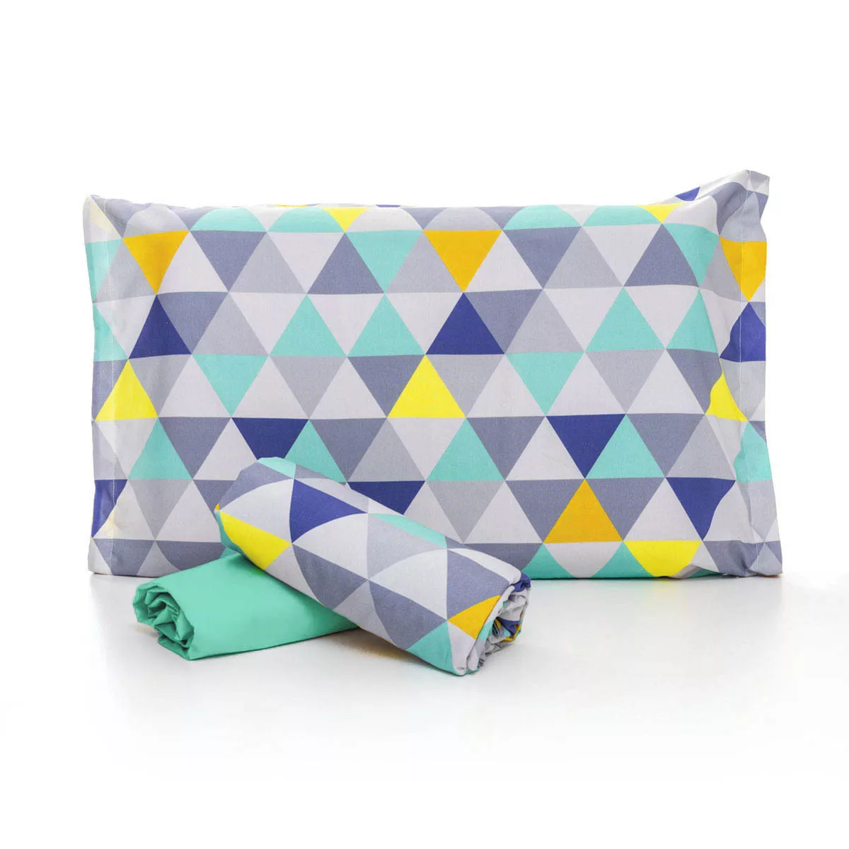 Jogo de Cama Triângulos Cinza com Lençol de Elástico Verde Tiffany