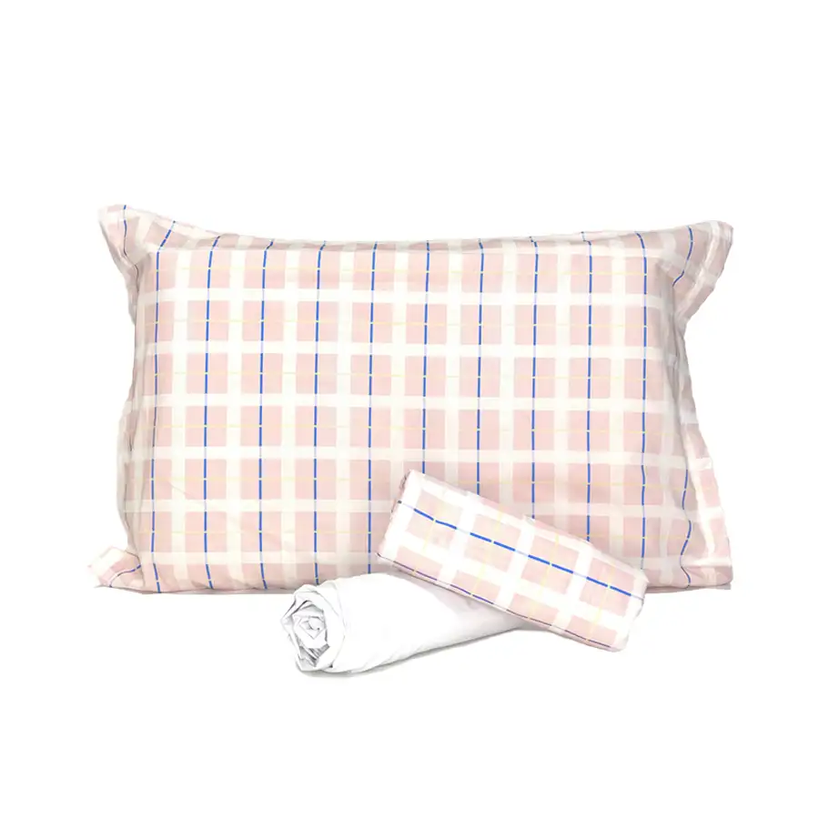 Jogo de Cama Xadrez Rosa e Azul com Lençol de Elástico Off White